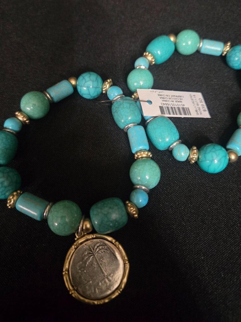 NWT Chico's Double Strand Turquoise Stretch Bracelet Reversible Charm - Picture 2 of 5